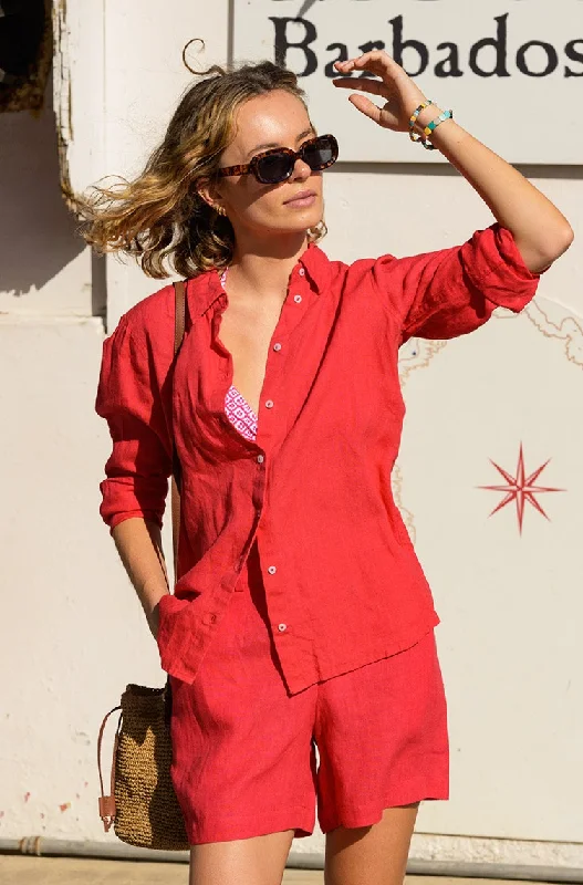 Women's Collared Linen Shirt | Hot Red