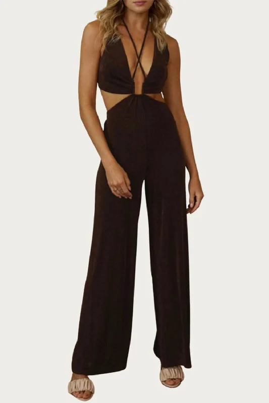 Open-Back Cutout Jersey Jumpsuit In Dark Chocolate